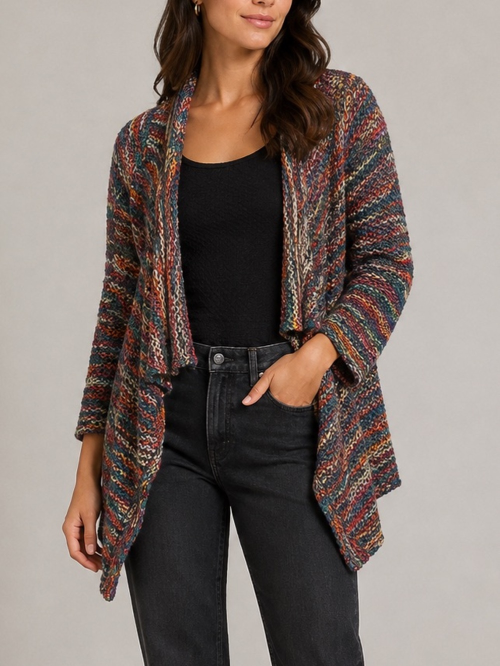 Boston Proper Multicolor Marled Knit Draped Cardigan Sweater Open Front XS